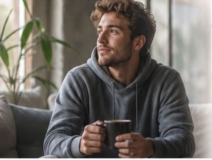 A person holding a mug while sitting by a bright window